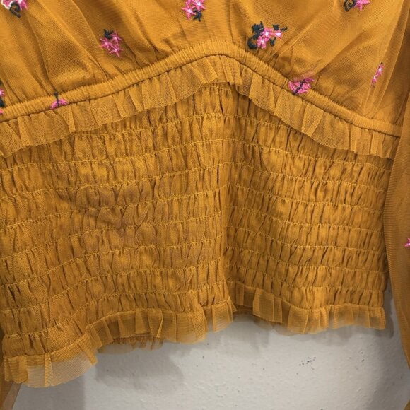 Anthropologie Embroidered Gold Smocked Tulle Blouse Size Medium Boho Peasant - Picture 7 of 15